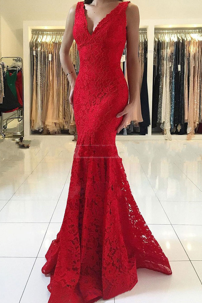 Glamorous Long V-neck Lace Mermaid Red Prom Dress-BIZTUNNEL