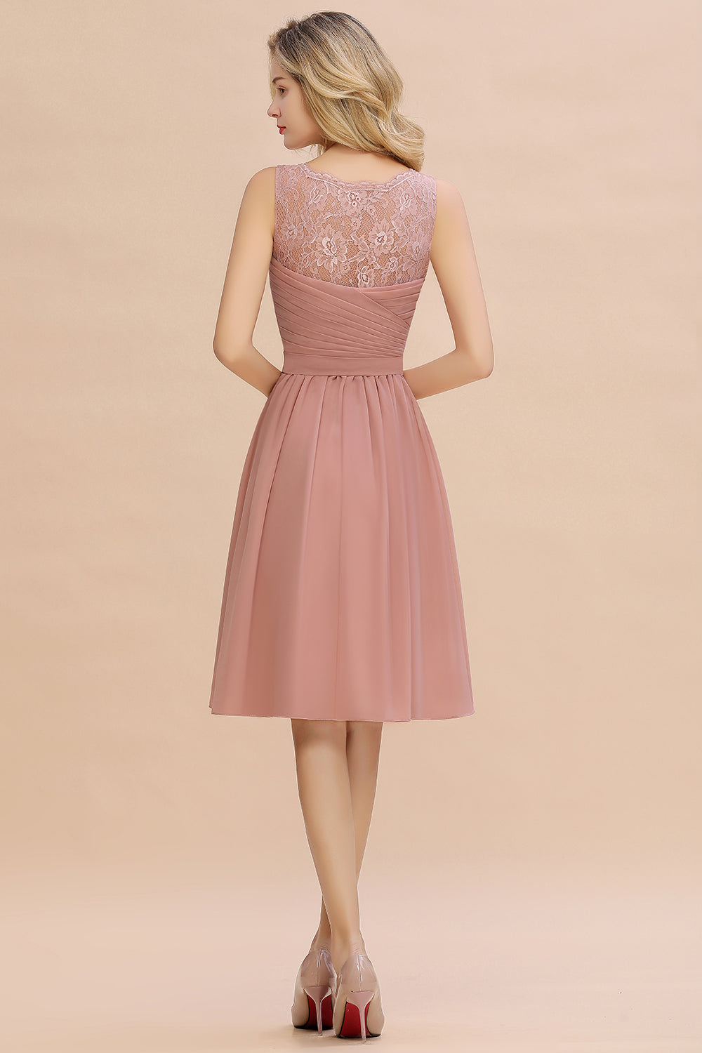 Glamorous Short A-Line V-neck Chiffon Dusty Rose Bridesmaid Dress-BIZTUNNEL