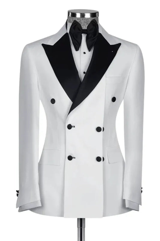 Alexander Glamorous White Double  Breasted Prom Suits With Black Peaked Lapel
