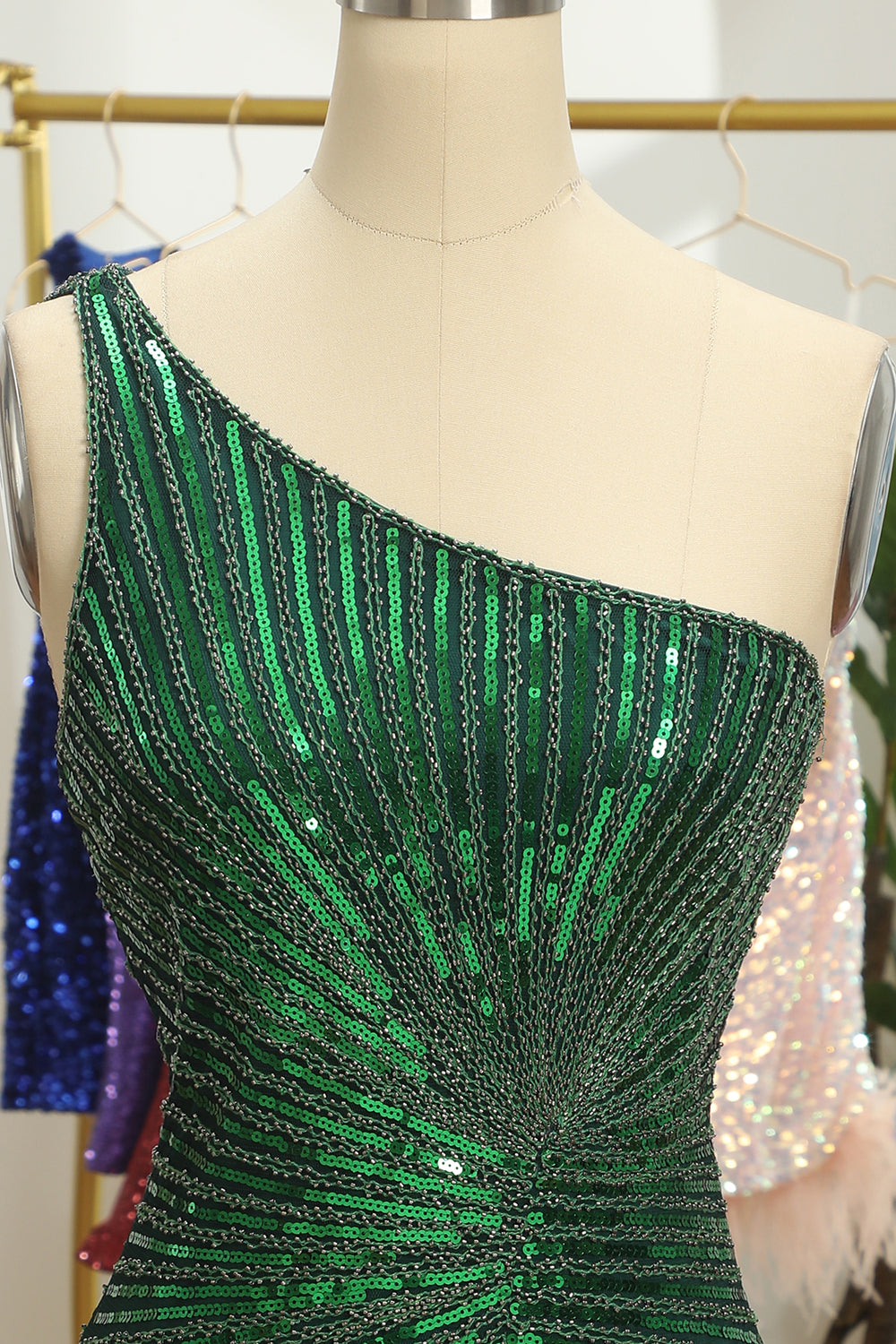 Glitter Dark Green One Shoulder Beaded Tight Homecoming Dress Glitter Dark Green One Shoulder Beaded Tight Homecoming Dress