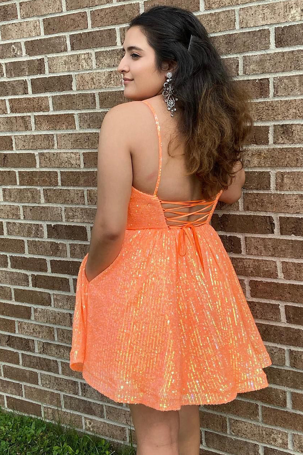Glitter Hot Pink A-Line Short Homecoming Dress with Pockets BIZTUNNEL Glitter Hot Pink A-Line Short Homecoming Dress with Pockets BIZTUNNEL
