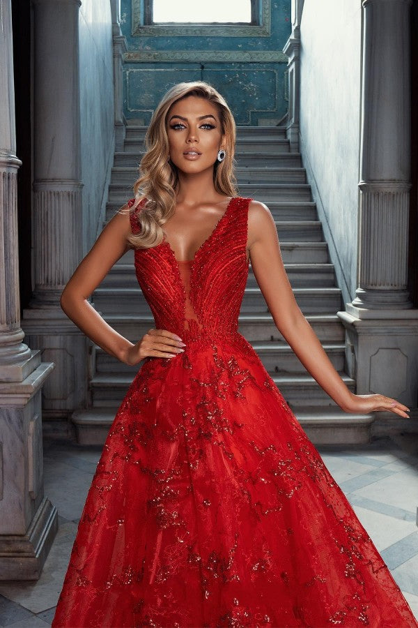 Glitter Long A-line V-neck Lace Tulle Red Prom Dress – BIZTUNNEL