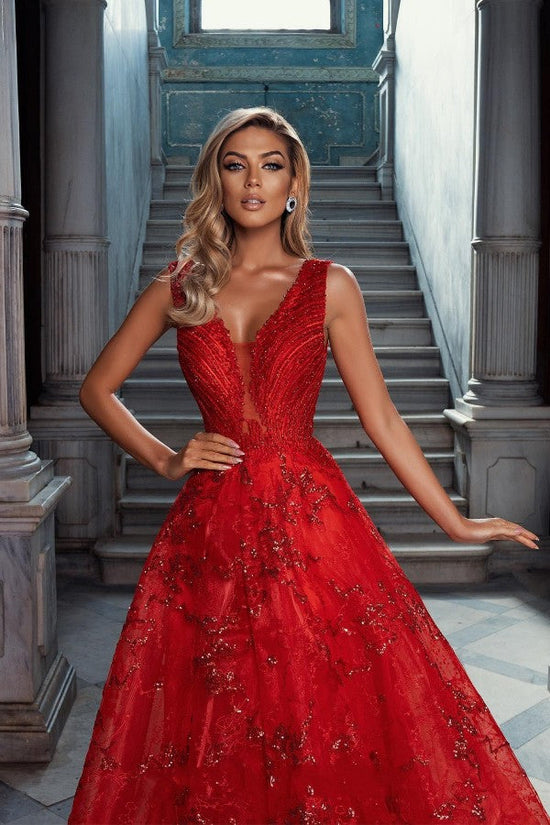 Glitter Long A-line V-neck Lace Tulle Red Prom Dress-BIZTUNNEL