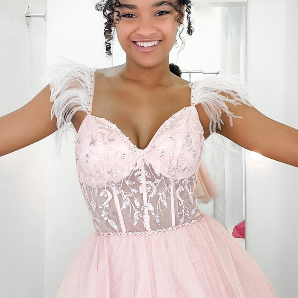 Glitter Pink A-Line Corset Tulle Short Homecoming Dress with Feathers BIZTUNNEL Glitter Pink A-Line Corset Tulle Short Homecoming Dress with Feathers BIZTUNNEL