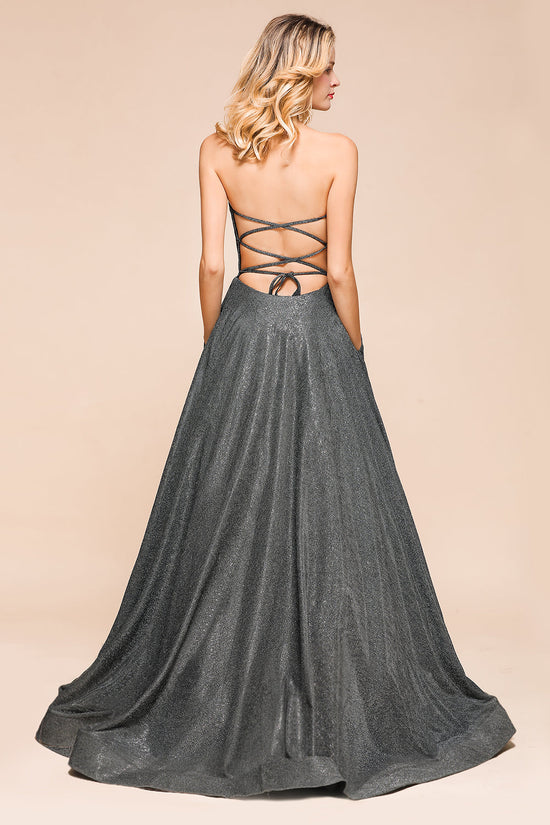 Load image into Gallery viewer, Glitter Strapless Backless Split Long Prom Dress-BIZTUNNEL
