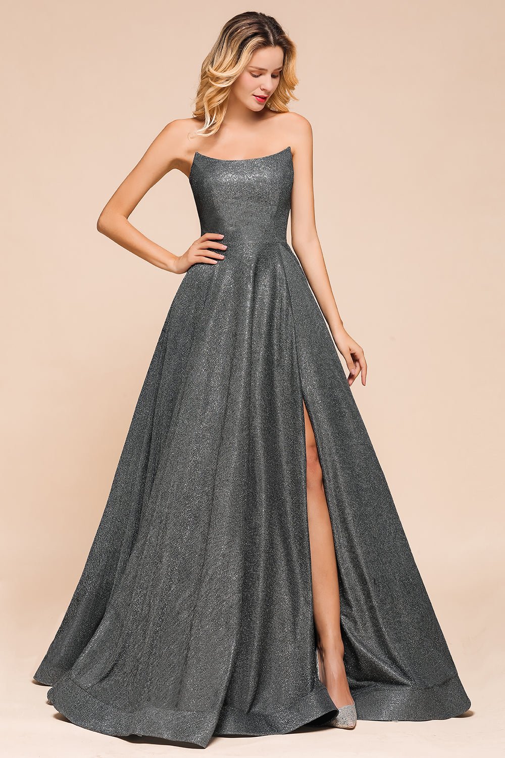 Glitter Strapless Backless Split Long Prom Dress-BIZTUNNEL