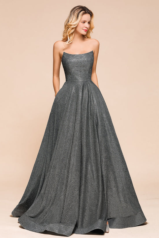 Laden Sie das Bild in den Galerie-Viewer, Glitter Strapless Backless Split Long Prom Dress-BIZTUNNEL

