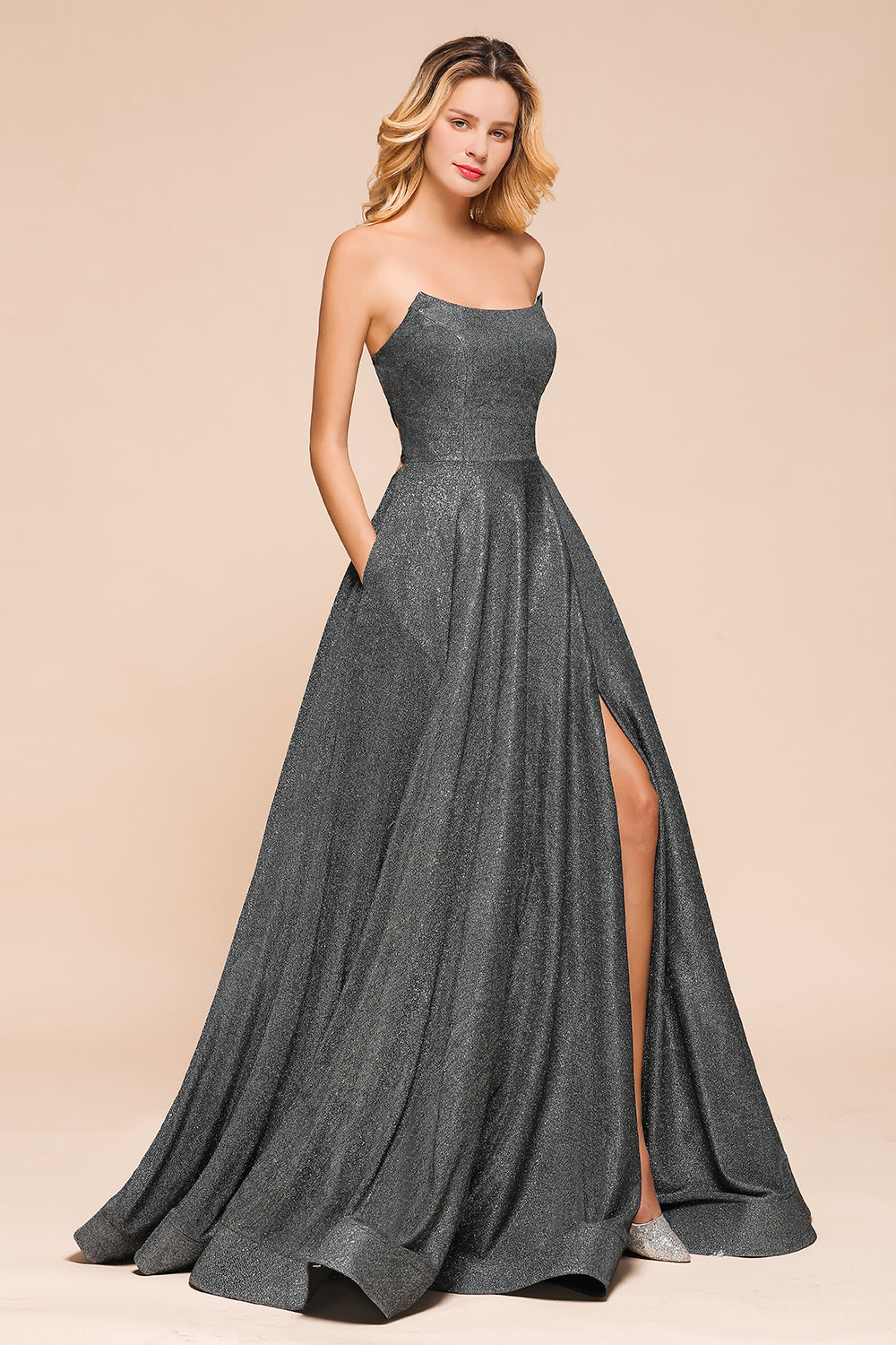 strapless backless prom dress Satin Draped Corset Bodice Long Prom Dress