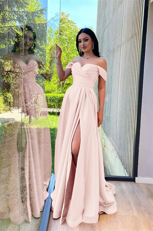 Burgundy Long A-line Off-The-Shoulder Evening Dresses with Front Split BIZTUNNEL Burgundy Long A-line Off-The-Shoulder Evening Dresses with Front Split BIZTUNNEL