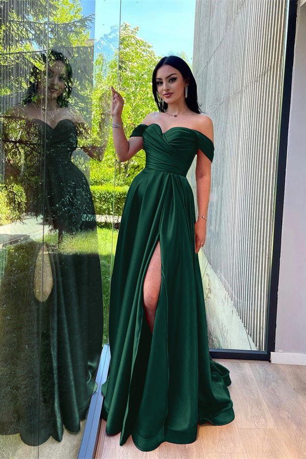 Burgundy Long A-line Off-The-Shoulder Evening Dresses with Front Split Burgundy Long A-line Off-The-Shoulder Evening Dresses with Front Split