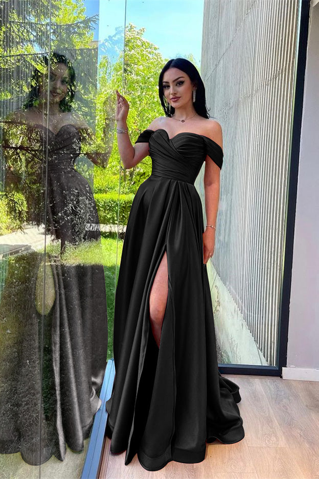 Burgundy Long A-line Off-The-Shoulder Evening Dresses with Front Split BIZTUNNEL Burgundy Long A-line Off-The-Shoulder Evening Dresses with Front Split BIZTUNNEL