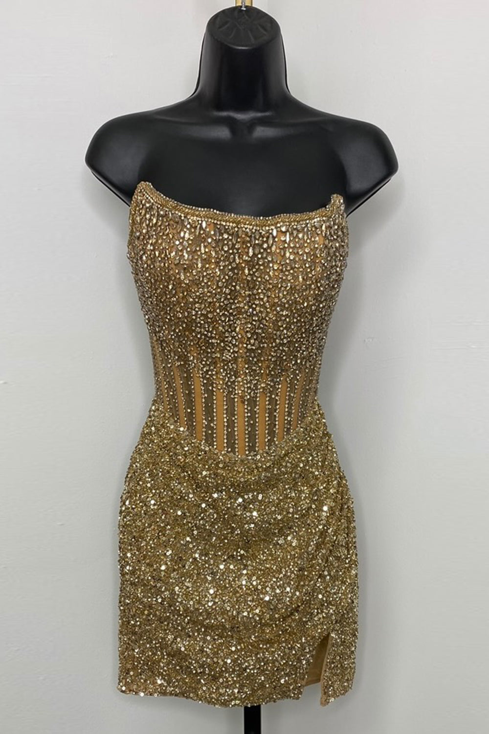 Golden Sparkly Corset Beaded Strapless Tight Short Homecoming Dress Golden Sparkly Corset Beaded Strapless Tight Short Homecoming Dress