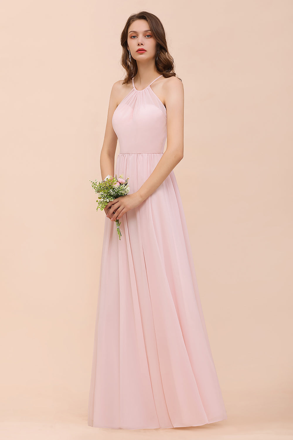 Carregar imagem no visualizador da galeria, Gorgeous A-line Chiffon Halter Ruffle Pink Long Bridesmaid Dress-BIZTUNNEL
