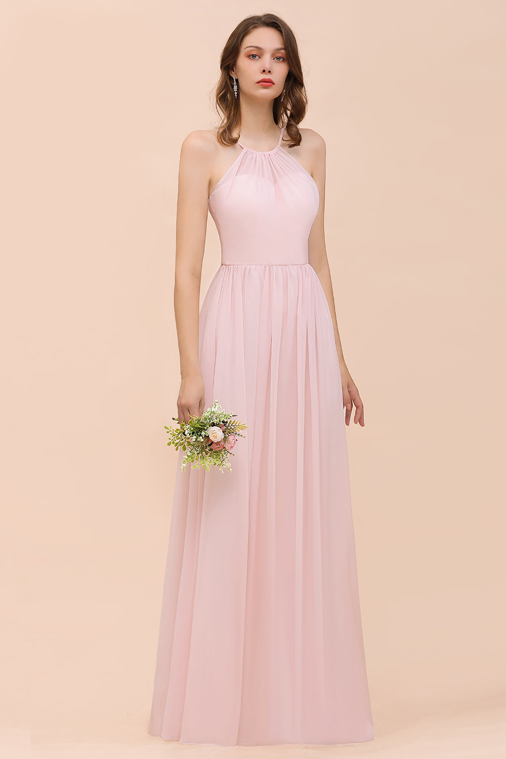 Gorgeous A-Line Chiffon Halter Ruffle Pink Long Bridesmaid Dress Gorgeous A-Line Chiffon Halter Ruffle Pink Long Bridesmaid Dress