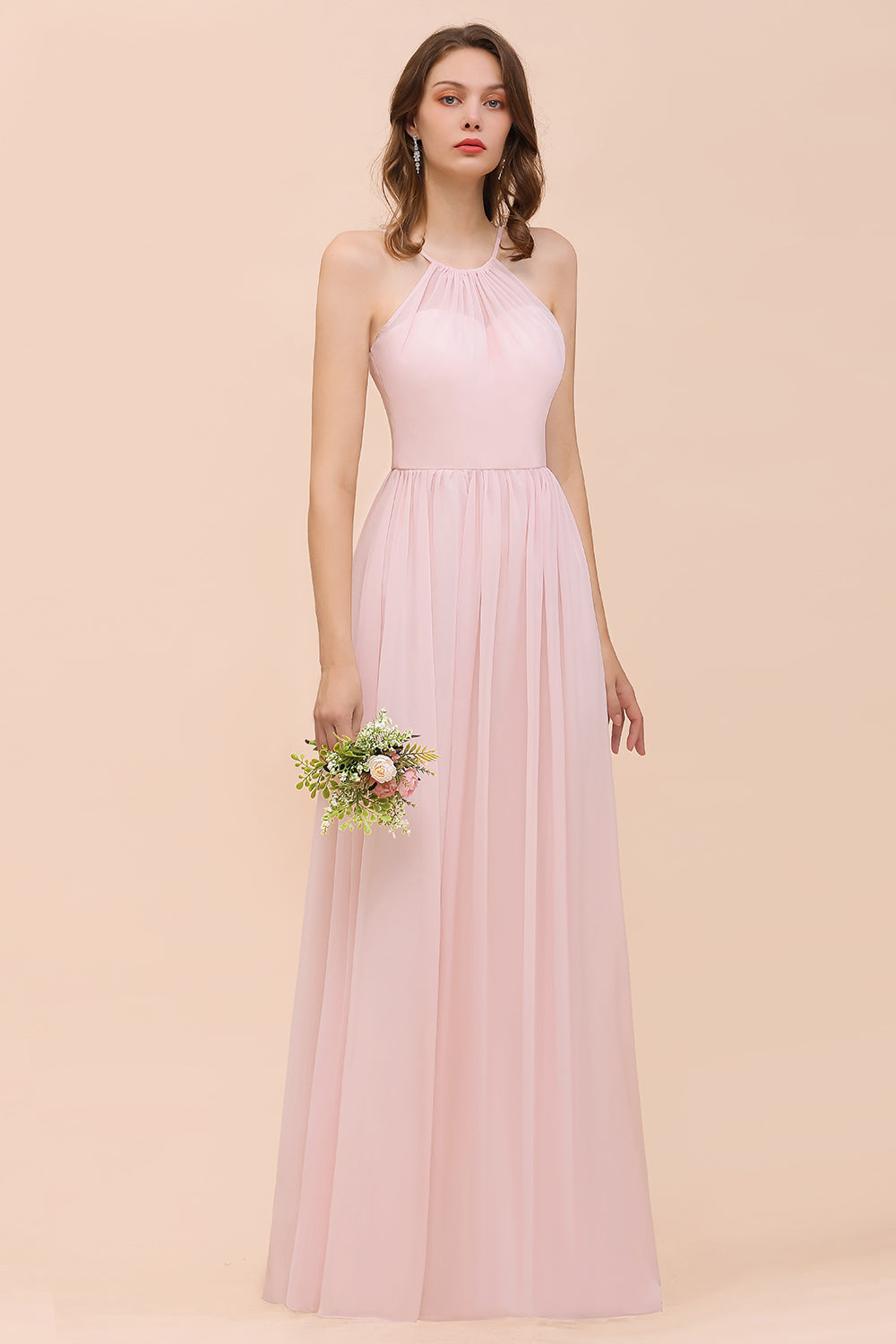 Carregar imagem no visualizador da galeria, Gorgeous A-line Chiffon Halter Ruffle Pink Long Bridesmaid Dress-BIZTUNNEL
