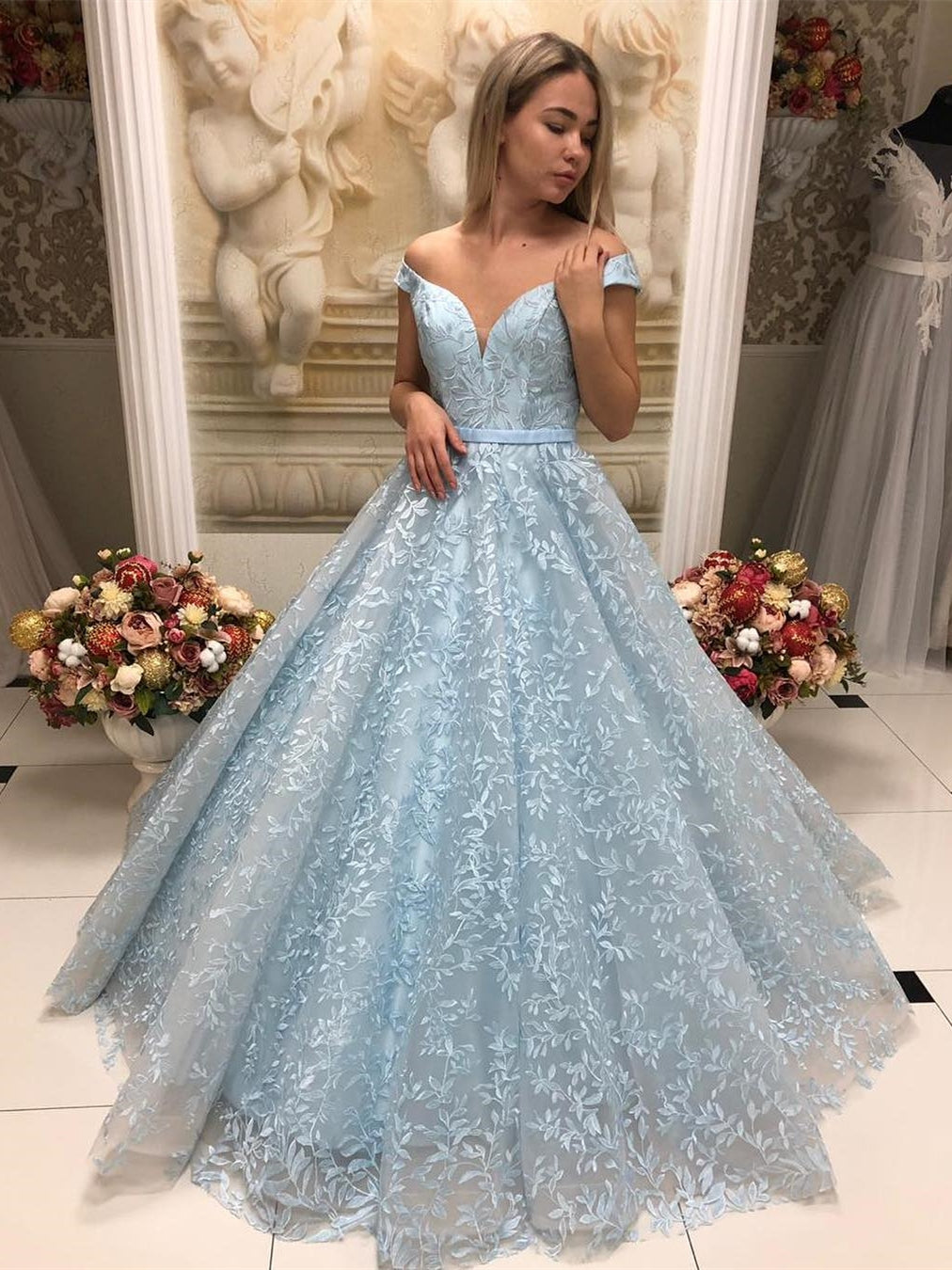 Gorgeous A-line Off the Shoulder Lace Tulle Long Prom Dresses-BIZTUNNEL