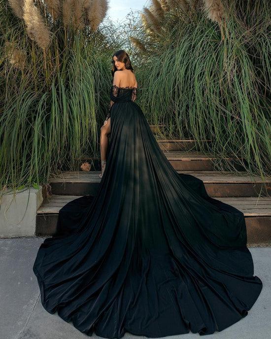 Gorgeous Black Long Sleeves Floor Length Strapless Front Split Chiffon Prom Dress-BIZTUNNEL
