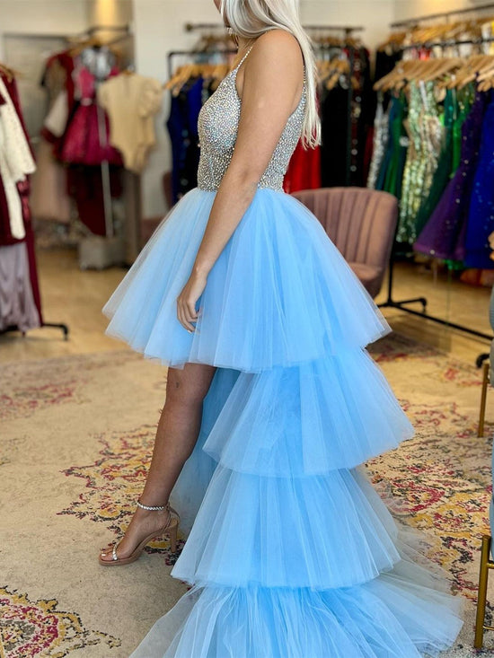 Gorgeous Blue High Low A-line V Neck Beaded Tulle Prom Dresses with Train-BIZTUNNEL