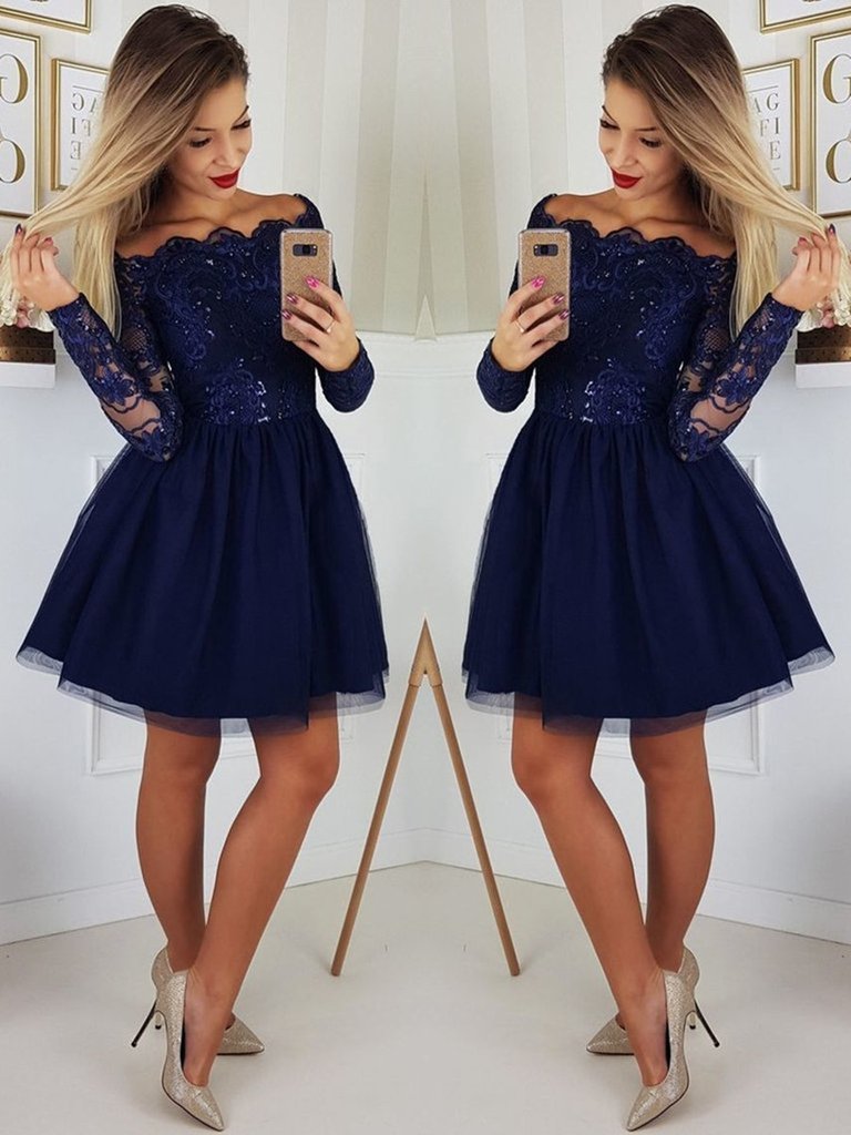 Charger l&amp;#39;image dans la galerie, Gorgeous Dark Blue Sequins Short Prom Dresses with Sleeves-BIZTUNNEL
