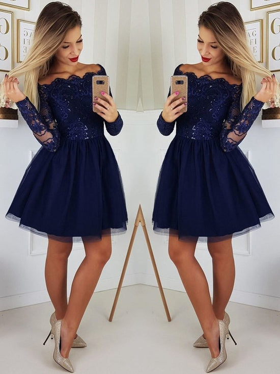 Charger l&amp;#39;image dans la galerie, Gorgeous Dark Blue Sequins Short Prom Dresses with Sleeves-BIZTUNNEL
