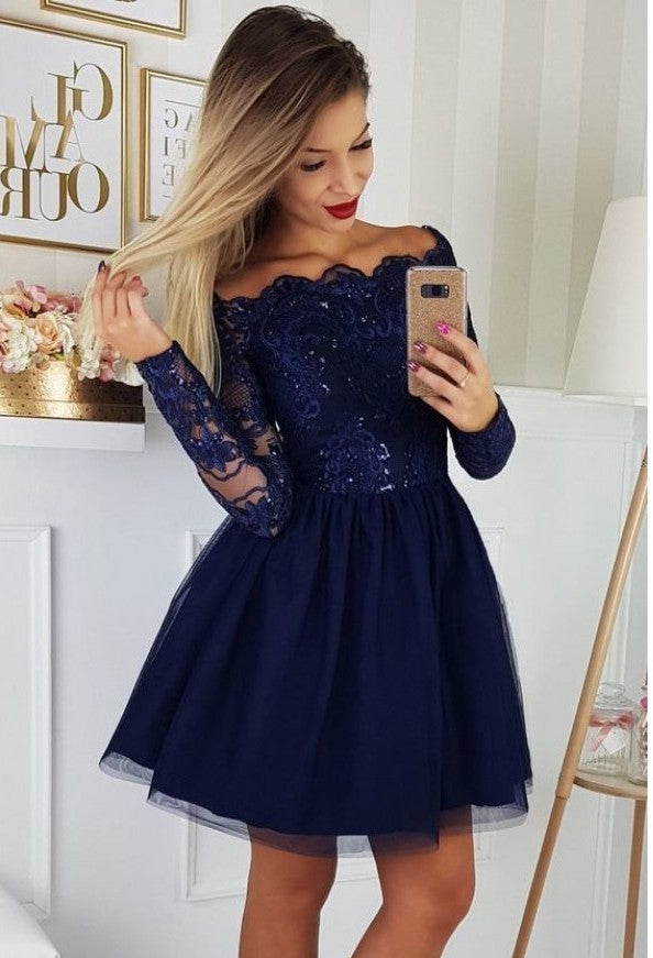 Gorgeous Dark Blue Sequins Short Prom Dresses with Sleeves-BIZTUNNEL