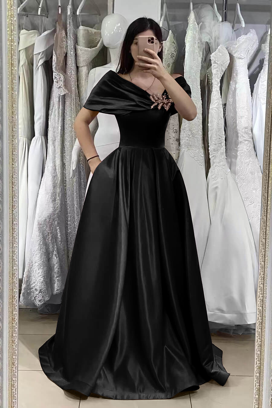 Gorgeous Dark Green Long Off-The-Shoulder A-Line Satin Evening Dress with Pockets Gorgeous Dark Green Long Off-The-Shoulder A-Line Satin Evening Dress with Pockets
