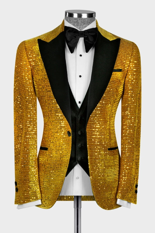 Hilary Gorgeous Gold Peaked Lapel Three Pieces Sequins Prom Suits