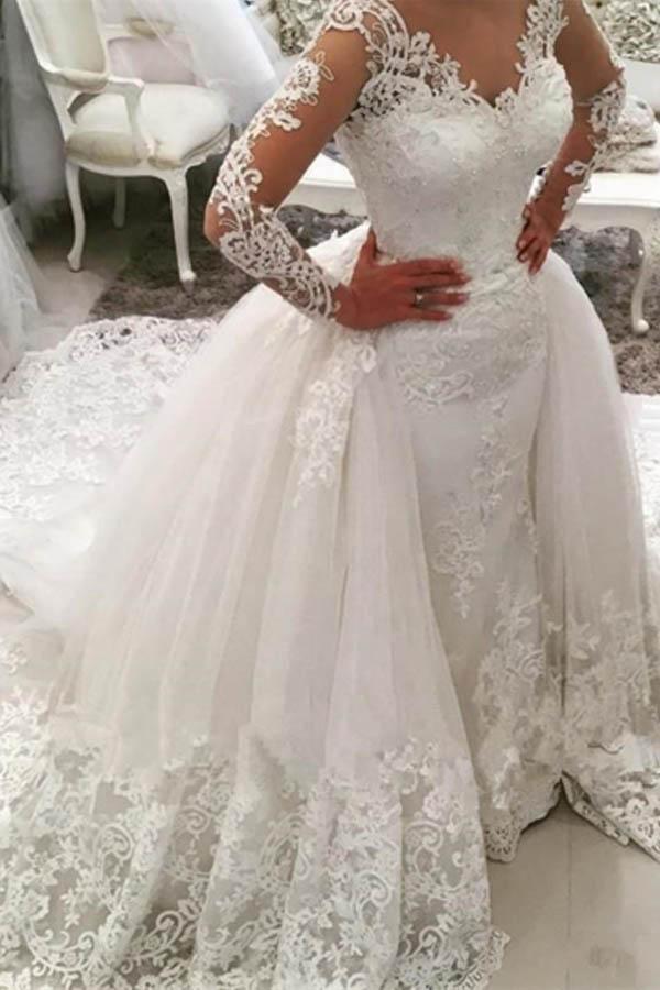 Gorgeous Ivory Long Mermaid V-Neck Appliques Lace Wedding Dress with Sleeves-BIZTUNNEL
