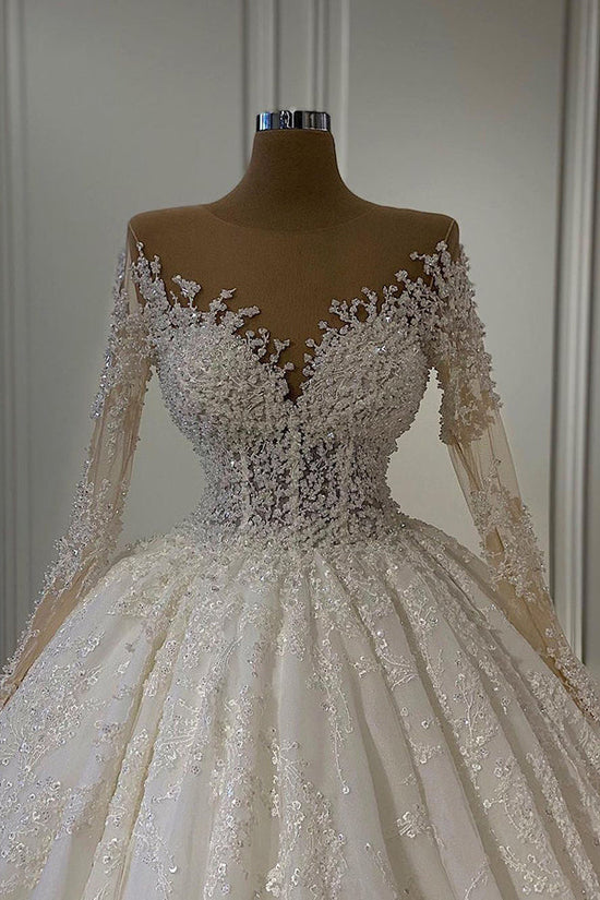 Gorgeous Lace Long Sleeve Beads Ball Gown Wedding Dress-BIZTUNNEL