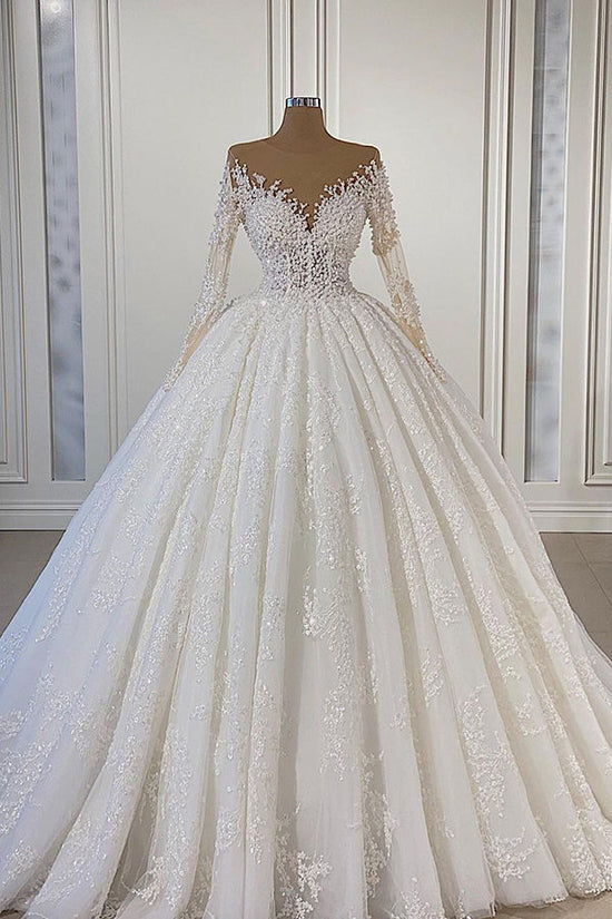 Gorgeous Lace Long Sleeve Beads Ball Gown Wedding Dress-BIZTUNNEL