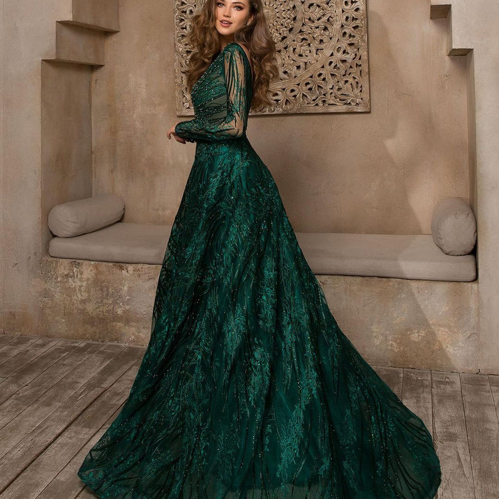Gorgeous Long A-Line Bateau Appliques Lace Prom Dress with Sleeves Gorgeous Long A-Line Bateau Appliques Lace Prom Dress with Sleeves