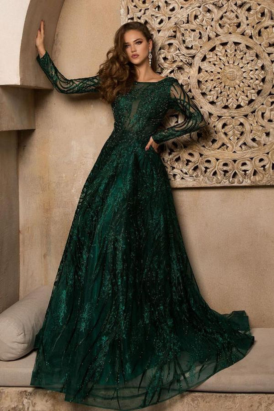 Gorgeous Long A-Line Bateau Appliques Lace Prom Dress with Sleeves-BIZTUNNEL