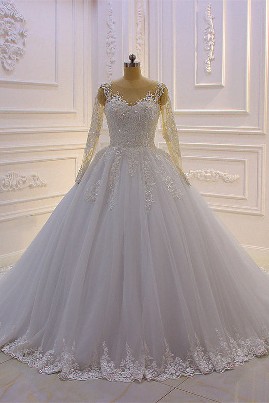 Gorgeous Long A-Line Bateau Pearl Tulle Appliques Lace Wedding Dress with Sleeves-BIZTUNNEL