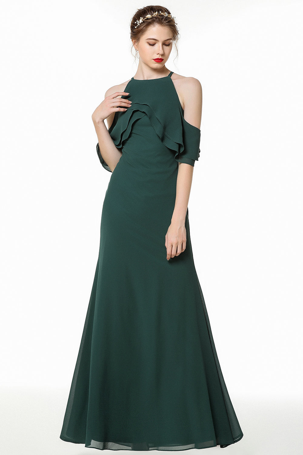 Gorgeous Long A-line Halter Chiffon Dark Green Bridesmaid Dress-BIZTUNNEL