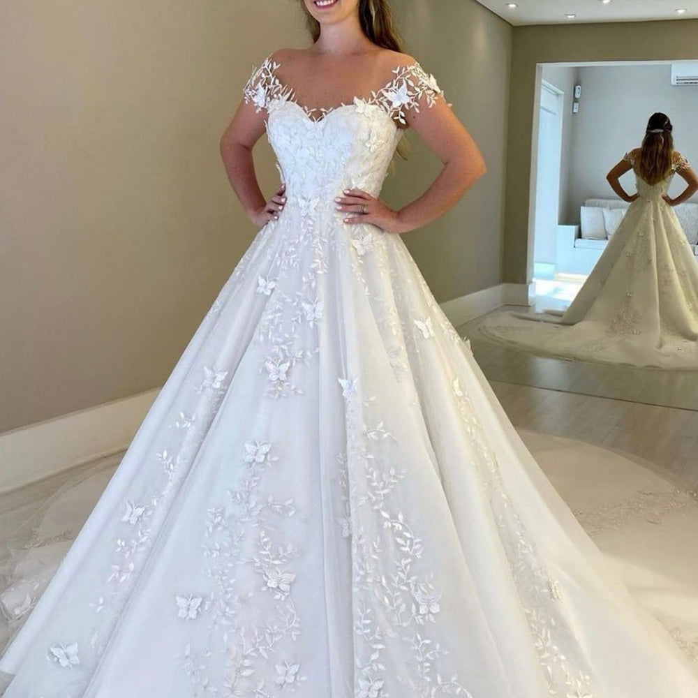 Gorgeous Long A-line Off Shoulder Lace Open Back Wedding Dresses with Cap Sleeves Gorgeous Long A-line Off Shoulder Lace Open Back Wedding Dresses with Cap Sleeves