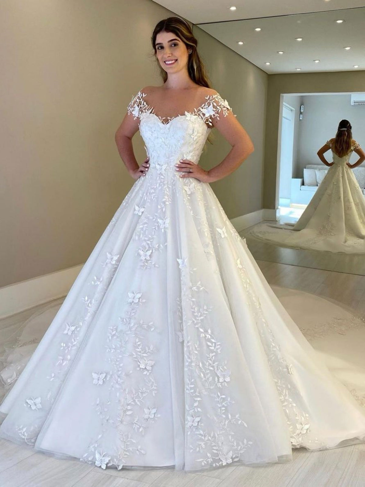 Gorgeous Long A-line Off Shoulder Lace Open Back Wedding Dresses with Cap Sleeves-BIZTUNNEL