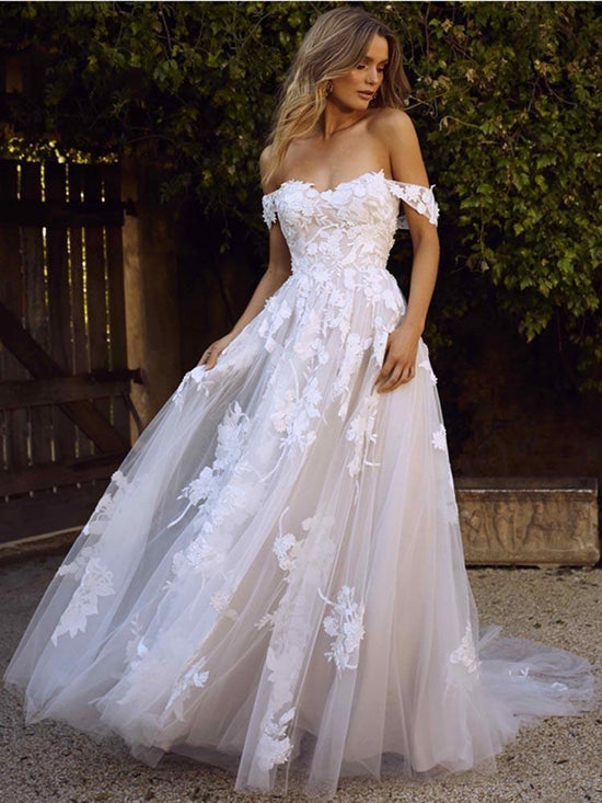 Gorgeous Long A-line Off the Shoulder Open Back Appliques Tulle Wedding Dresses-BIZTUNNEL