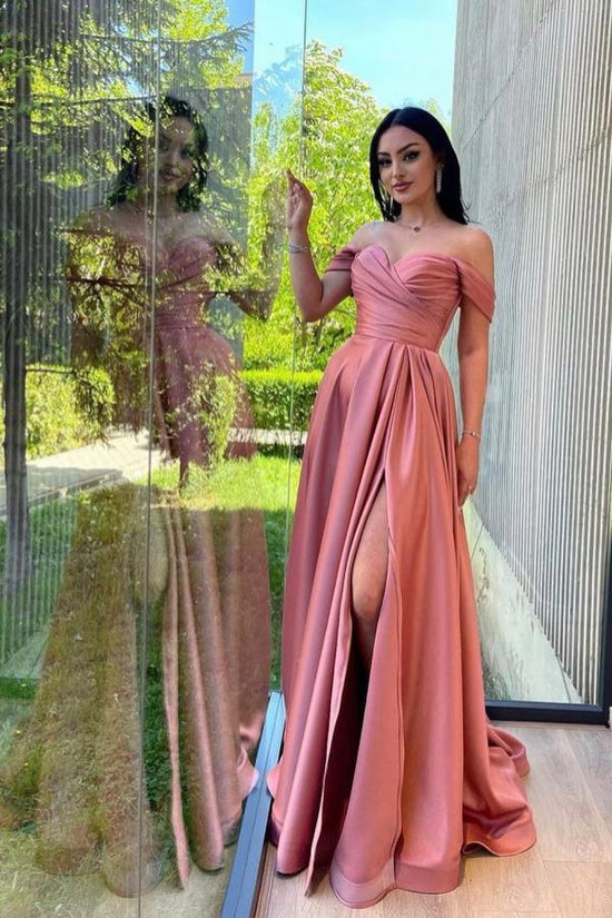 Gorgeous Long A-line Off the Shoulder Ruched Satin Prom Dress with Slit-BIZTUNNEL