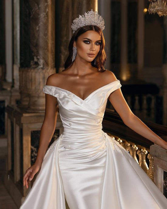 Gorgeous Long A-Line Off-the-shoulder Sweetheart Backless Satin Wedding Dress-BIZTUNNEL