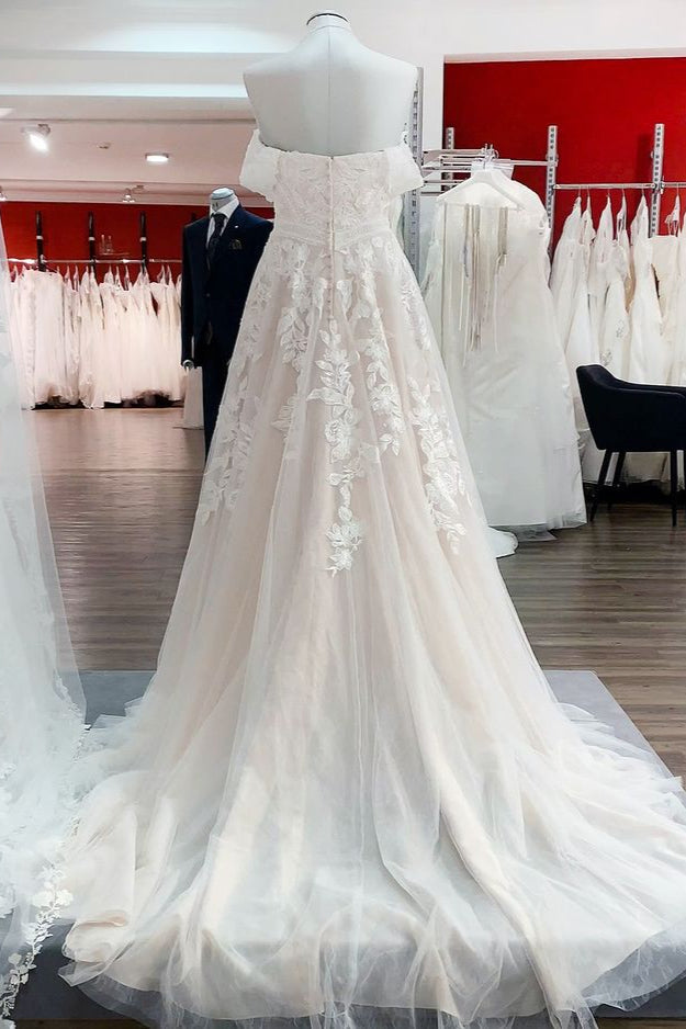 Gorgeous Long A-line Off-the-shoulder Tulle Lace Appliques Wedding Dress-BIZTUNNEL