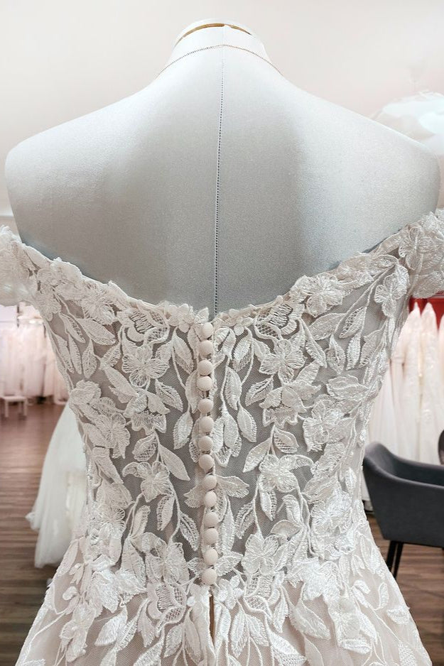 Gorgeous Long A-line Off-the-shoulder Tulle Lace Appliques Wedding Dress