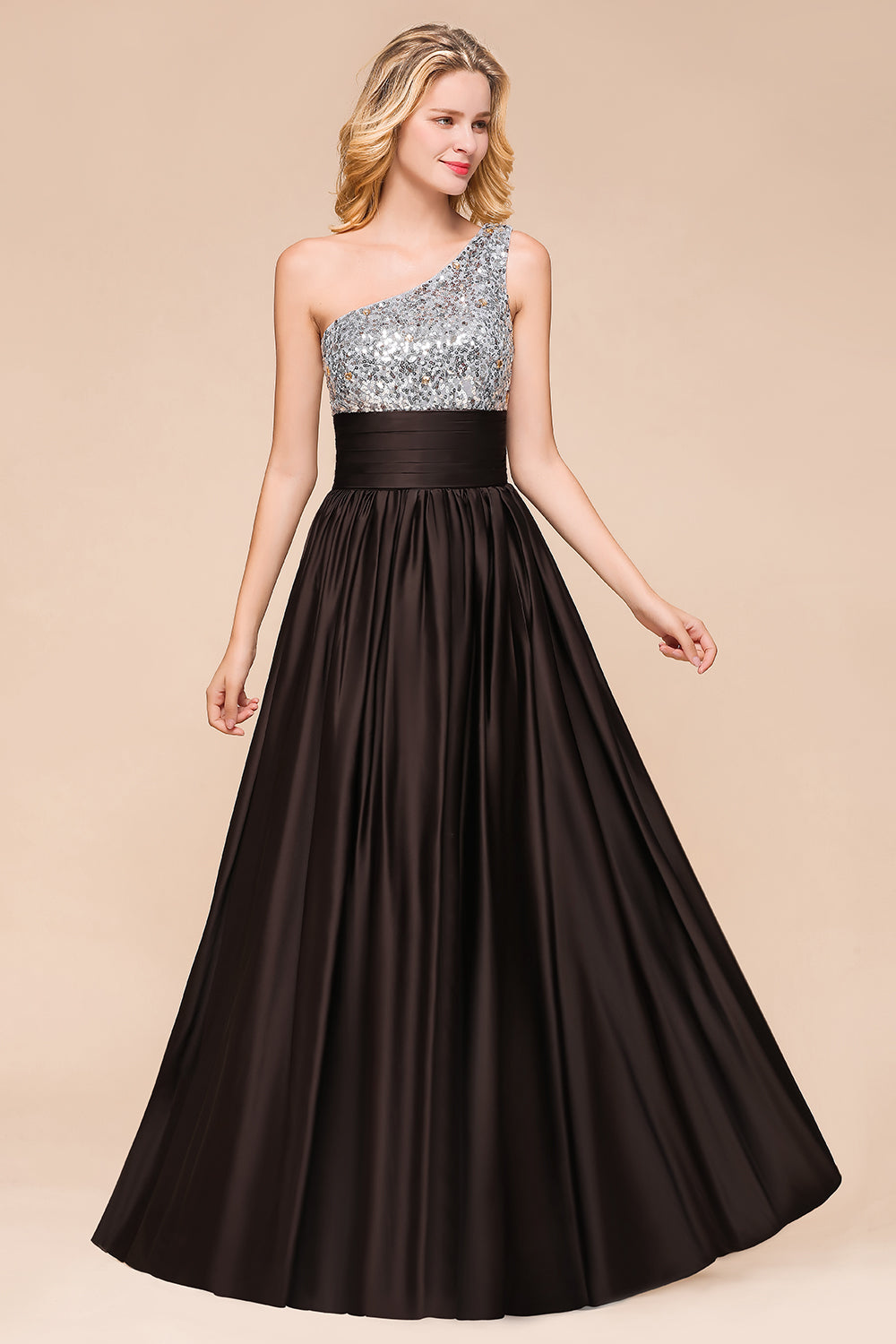 Gorgeous Long A-line One Shoulder Chiffon Bridesmaid Dress With Sequins-BIZTUNNEL
