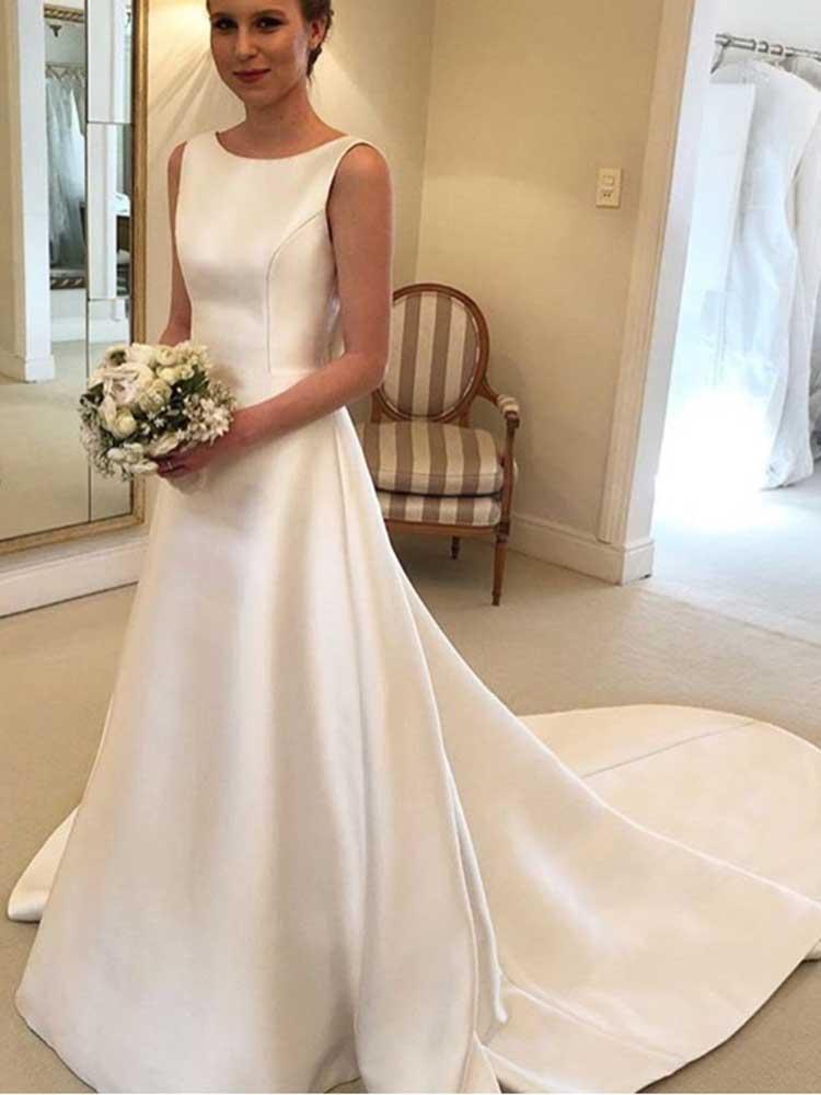 Gorgeous Long A-line Satin Backless Wedding Dresses-BIZTUNNEL