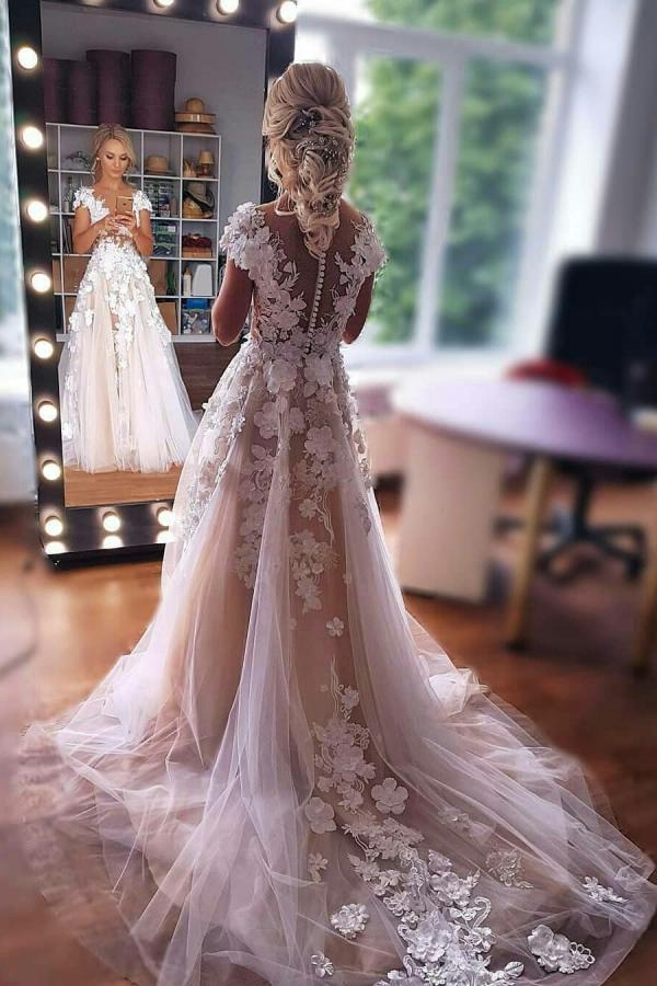 Carregar imagem no visualizador da galeria, Gorgeous Long A-line Sleeveless Tulle Wedding Dress with Lace-BIZTUNNEL
