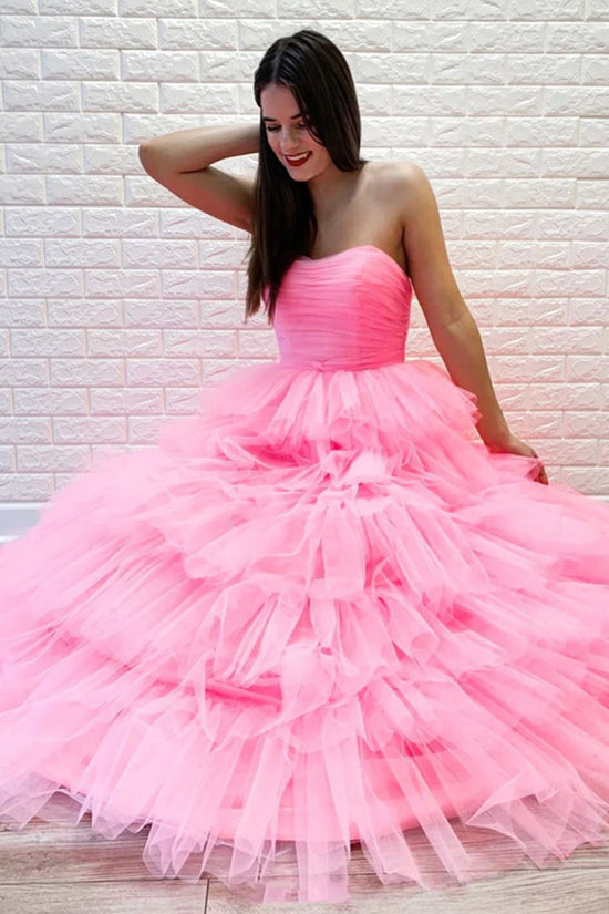 Gorgeous Long A-line Strapless Layered Tulle Prom Dress Pink Formal Evening Dresses-BIZTUNNEL