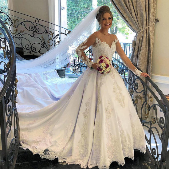 Gorgeous Long A-line Sweetheart Satin Lace Tulle Wedding Dress with sleeves-BIZTUNNEL