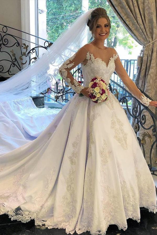 Gorgeous Long A-line Sweetheart Satin Lace Tulle Wedding Dress with sleeves-BIZTUNNEL