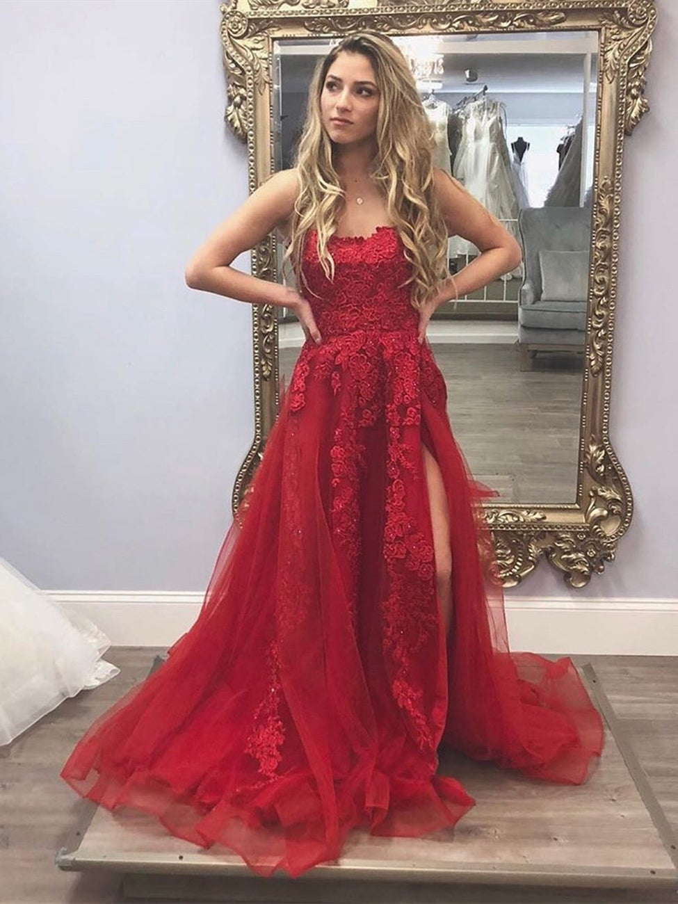 Gorgeous Long A-line Tulle Appliques Lace Prom Dresses with High Slit-BIZTUNNEL