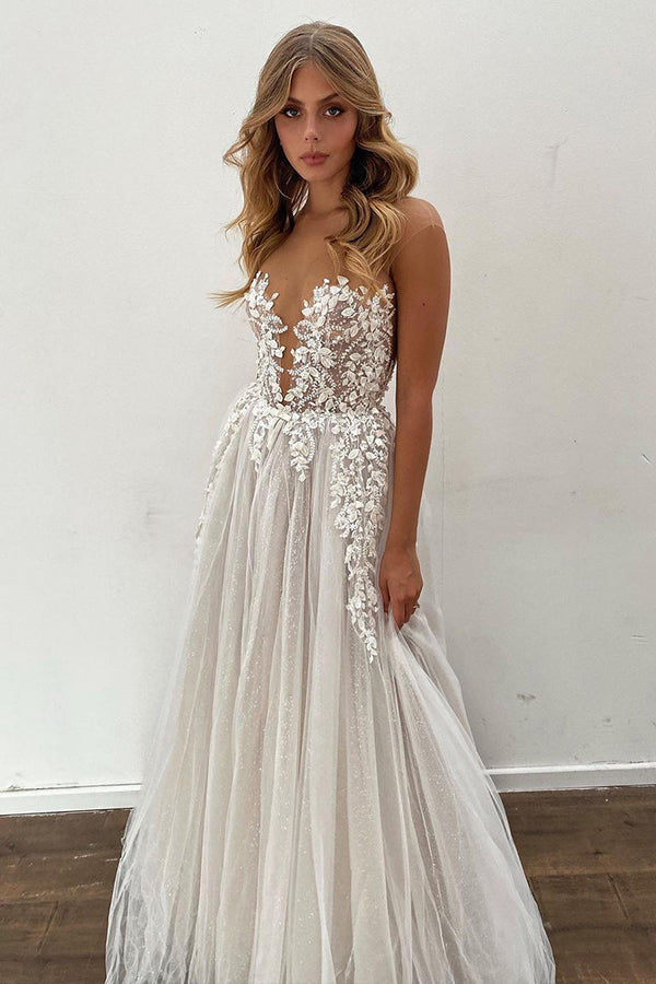 Gorgeous Long A-line Tulle Appliques Lace Wedding Dress – BIZTUNNEL