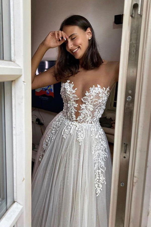 Long A-line Tulle V Neck Open Back Appliques Lace Wedding Dress